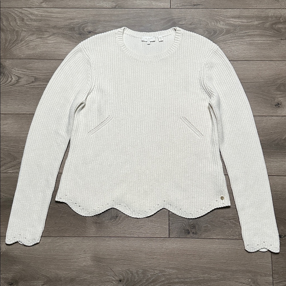 Ted Baker London‎ Cashmere Wool Blend Scallop Rib Knit Sweater Ivory Size Large